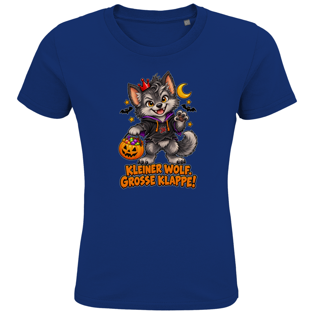JA Klappenwolf – Kinder-T-Shirt in Royalblau, Vorderansicht, Frontdruck: Werwolf-Welpe mit Krone: „Kleiner Wolf. Große Klappe!“