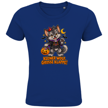 JA Klappenwolf – Kinder-T-Shirt in Royalblau, Vorderansicht, Frontdruck: Werwolf-Welpe mit Krone: „Kleiner Wolf. Große Klappe!“