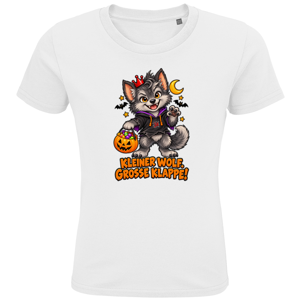 JA Klappenwolf – Kinder-T-Shirt in Weiß, Vorderansicht, Frontdruck: Werwolf-Welpe mit Krone: „Kleiner Wolf. Große Klappe!“