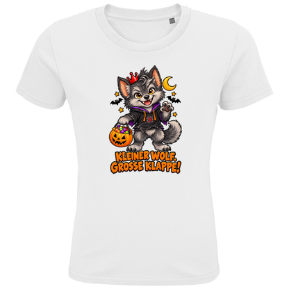 JA Klappenwolf – Kinder-T-Shirt in Weiß, Vorderansicht, Frontdruck: Werwolf-Welpe mit Krone: „Kleiner Wolf. Große Klappe!“