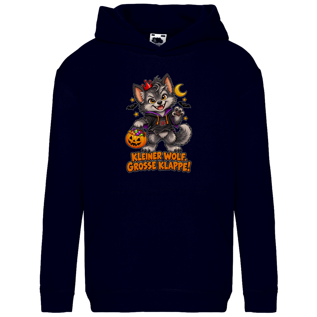 JA Klappenwolf – Kinder-Hoodie in Dunkles Marineblau, Vorderansicht, Frontdruck: Werwolf-Welpe mit Krone: „Kleiner Wolf. Große Klappe!“