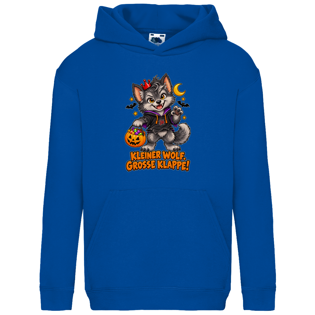 JA Klappenwolf – Kinder-Hoodie in Royalblau, Vorderansicht, Frontdruck: Werwolf-Welpe mit Krone: „Kleiner Wolf. Große Klappe!“