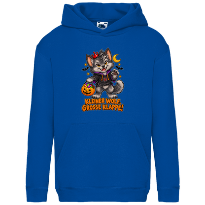 JA Klappenwolf – Kinder-Hoodie in Royalblau, Vorderansicht, Frontdruck: Werwolf-Welpe mit Krone: „Kleiner Wolf. Große Klappe!“