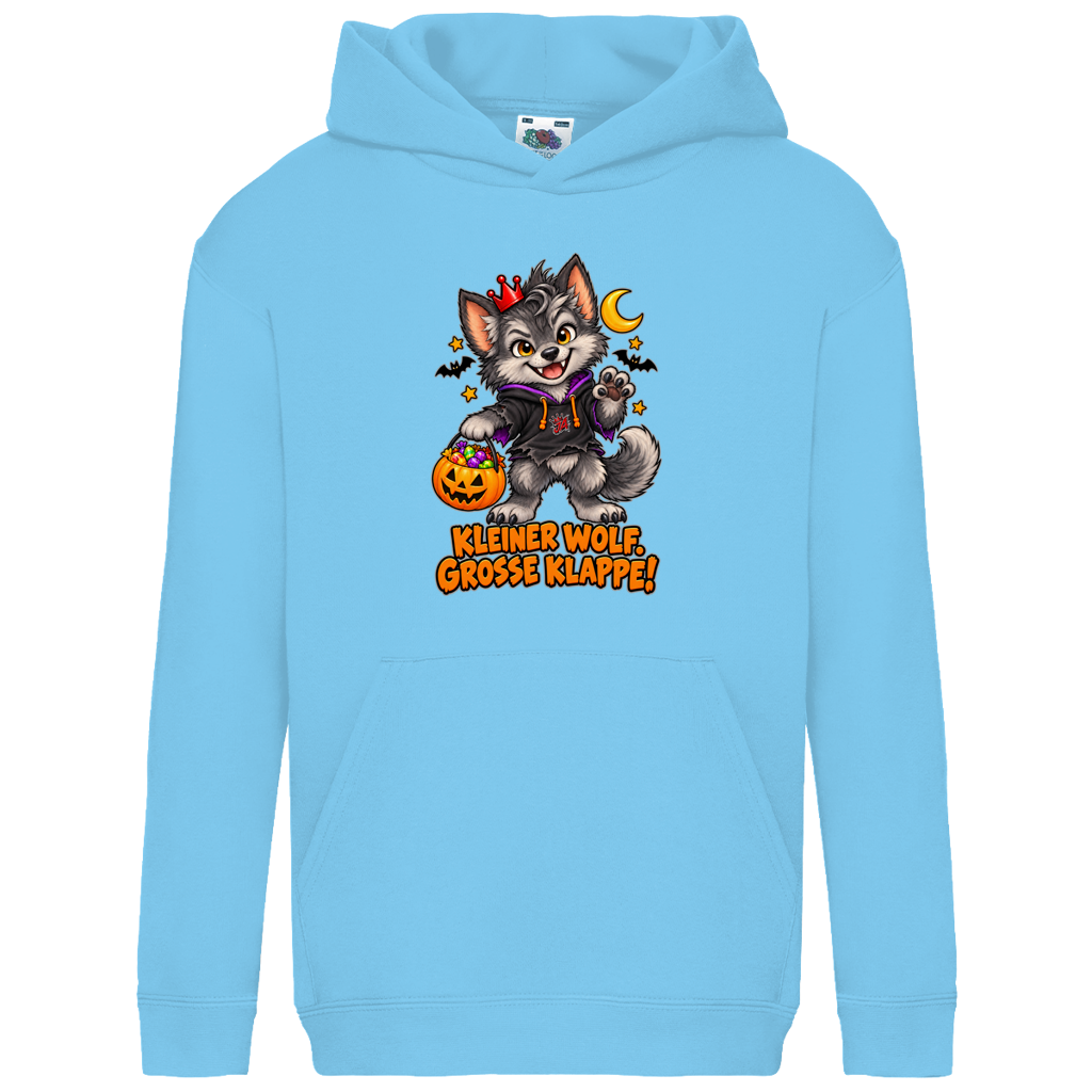 JA Klappenwolf – Kinder-Hoodie in Himmelblau, Vorderansicht, Frontdruck: Werwolf-Welpe mit Krone: „Kleiner Wolf. Große Klappe!“