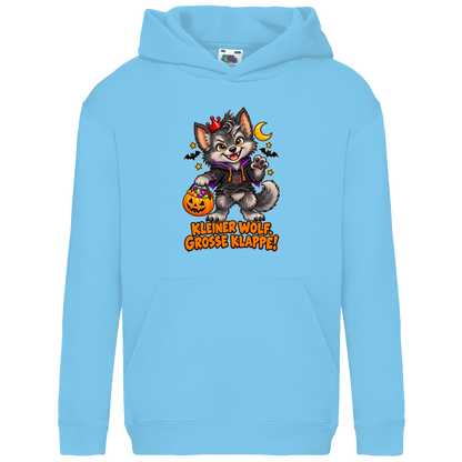 JA Klappenwolf – Kinder-Hoodie in Himmelblau, Vorderansicht, Frontdruck: Werwolf-Welpe mit Krone: „Kleiner Wolf. Große Klappe!“