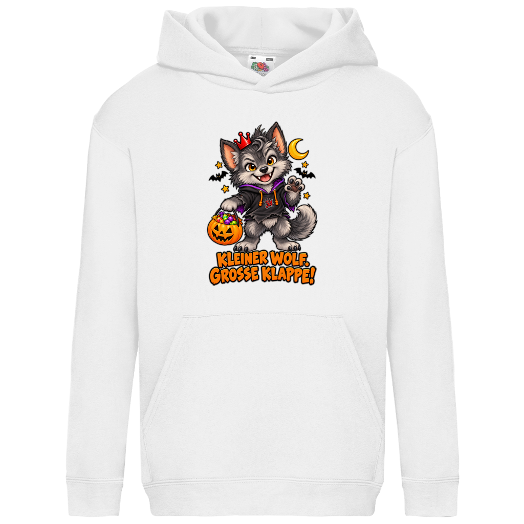 JA Klappenwolf – Kinder-Hoodie in Weiß, Vorderansicht, Frontdruck: Werwolf-Welpe mit Krone: „Kleiner Wolf. Große Klappe!“