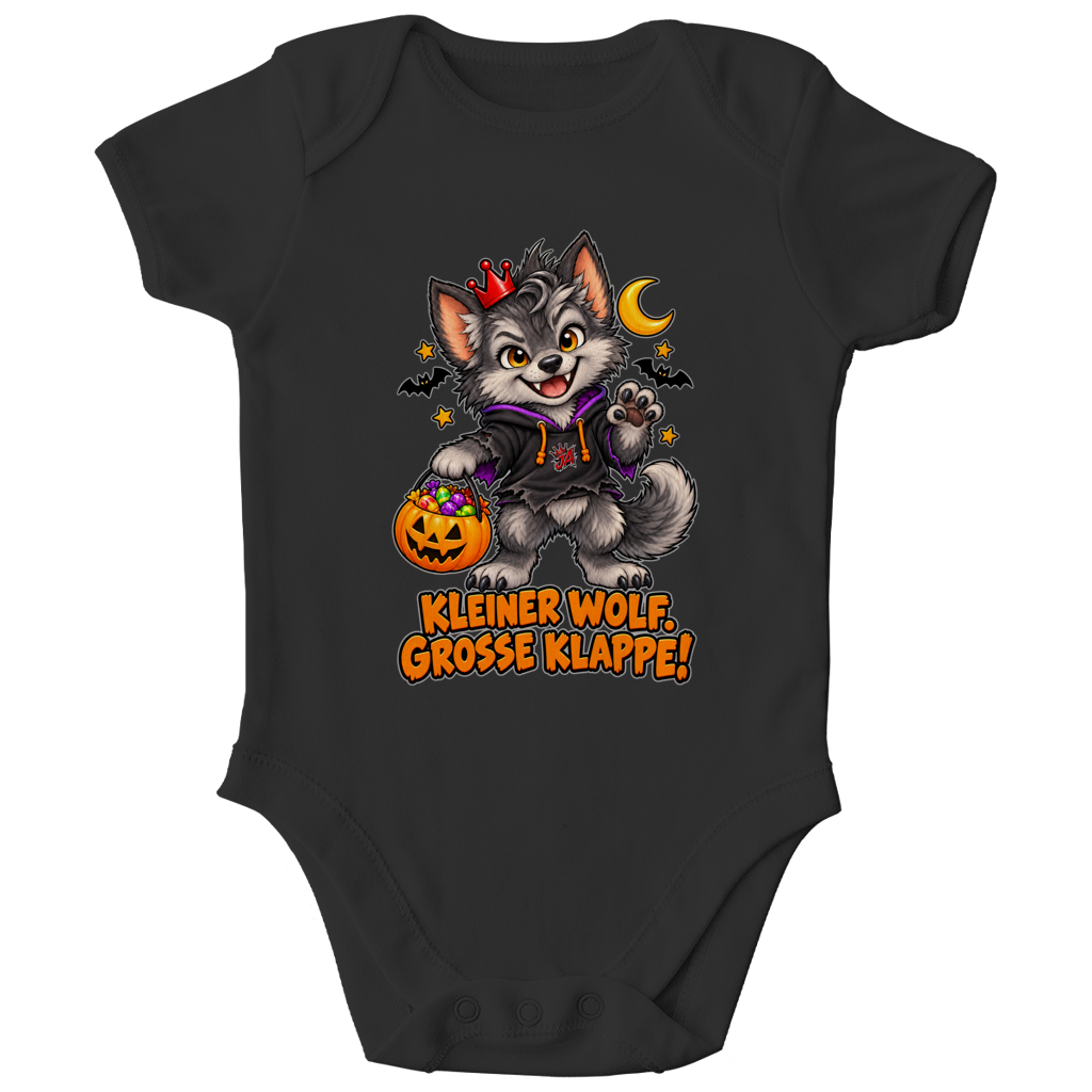 JA Klappenwolf – Baby-Body in Schwarz, Vorderansicht, Frontdruck: Werwolf-Welpe mit Krone: „Kleiner Wolf. Große Klappe!“