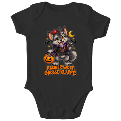 JA Klappenwolf – Baby-Body in Schwarz, Vorderansicht, Frontdruck: Werwolf-Welpe mit Krone: „Kleiner Wolf. Große Klappe!“