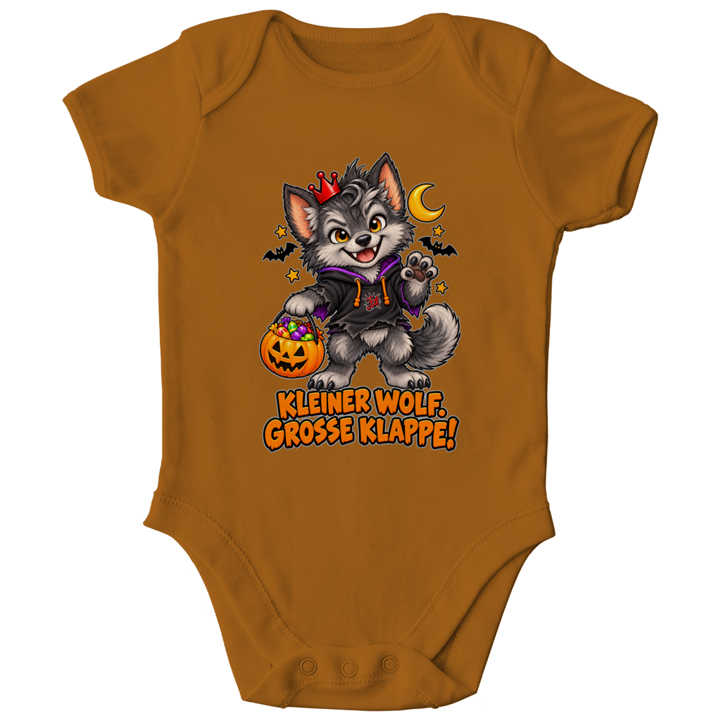 JA Klappenwolf – Baby-Body in Toffee, Vorderansicht, Frontdruck: Werwolf-Welpe mit Krone: „Kleiner Wolf. Große Klappe!“