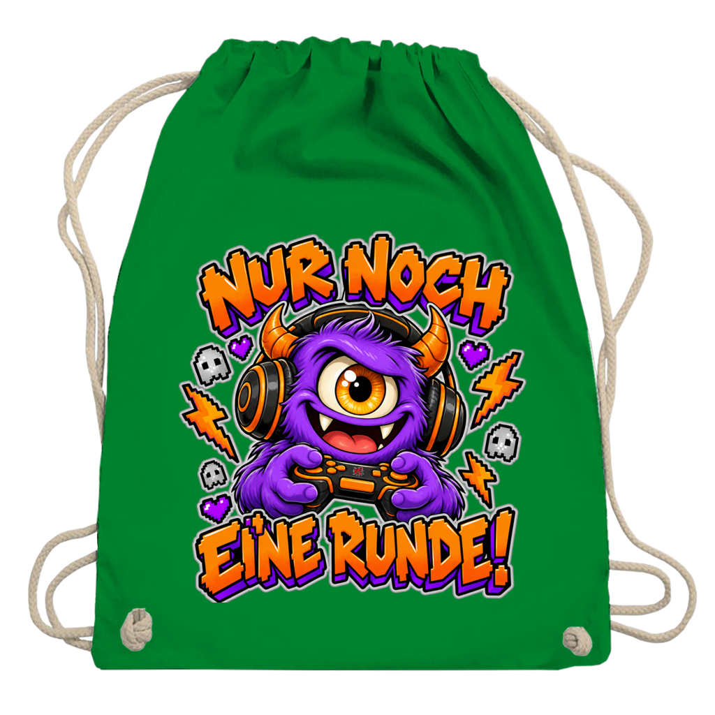JA Monster Gamer – Turnbeutel in Kellygrün, Aufdruck: Gaming-Monster mit Controller: „Nur noch eine Runde!“