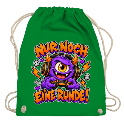 JA Monster Gamer – Turnbeutel in Kellygrün, Aufdruck: Gaming-Monster mit Controller: „Nur noch eine Runde!“
