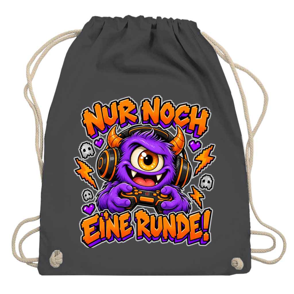 JA Monster Gamer – Turnbeutel in Graphitgrau, Aufdruck: Gaming-Monster mit Controller: „Nur noch eine Runde!“