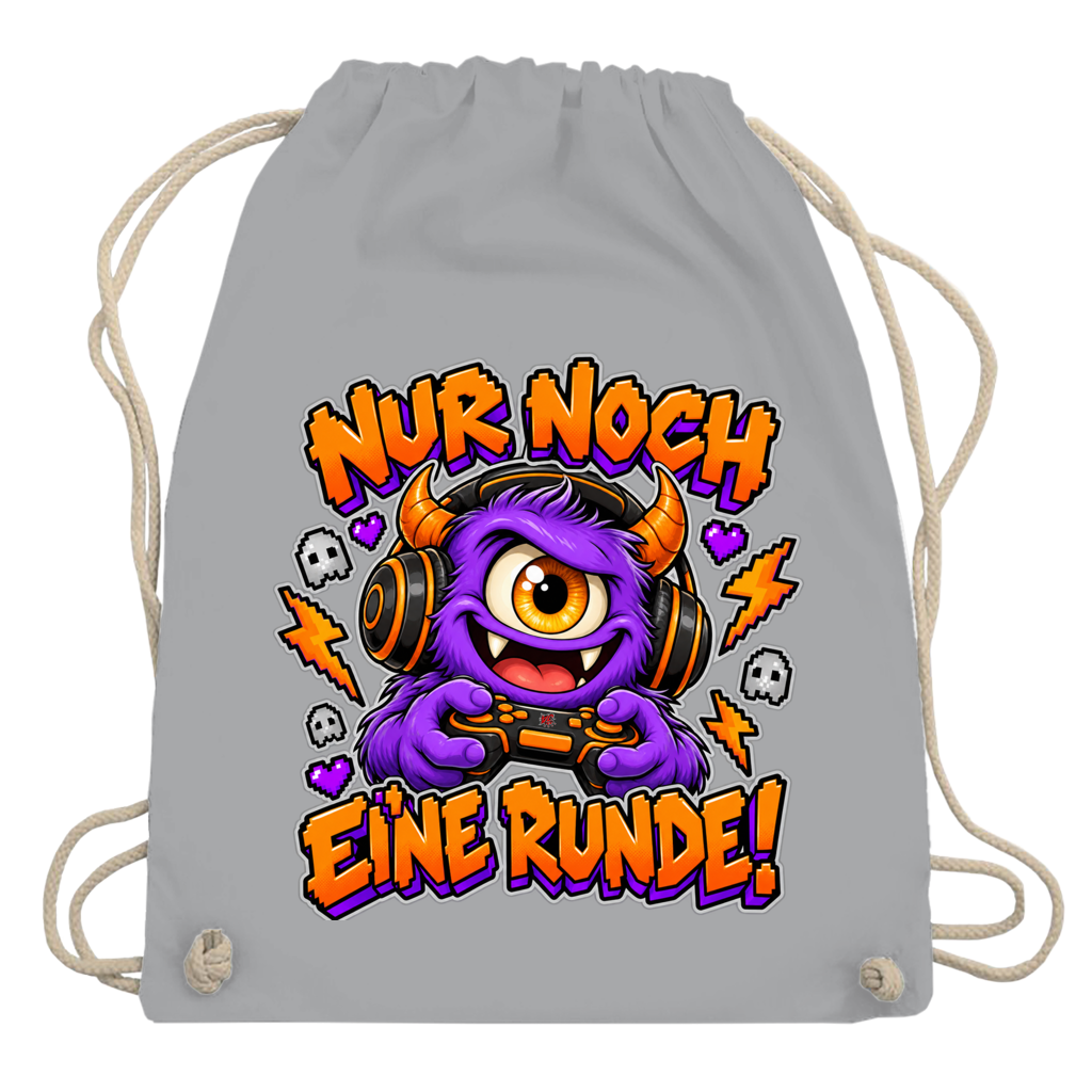 JA Monster Gamer – Turnbeutel in Hellgrau, Aufdruck: Gaming-Monster mit Controller: „Nur noch eine Runde!“