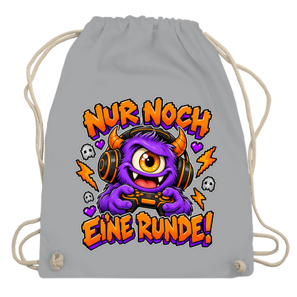 JA Monster Gamer – Turnbeutel in Hellgrau, Aufdruck: Gaming-Monster mit Controller: „Nur noch eine Runde!“