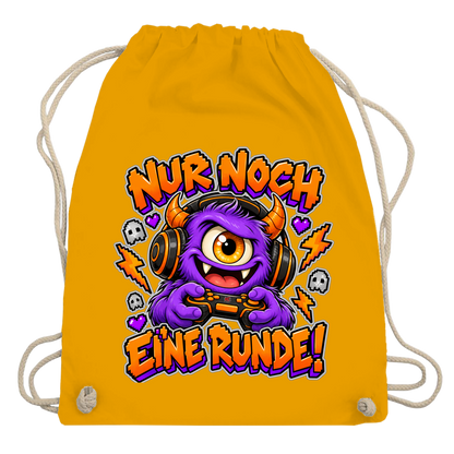 JA Monster Gamer – Turnbeutel in Senfgelb, Aufdruck: Gaming-Monster mit Controller: „Nur noch eine Runde!“