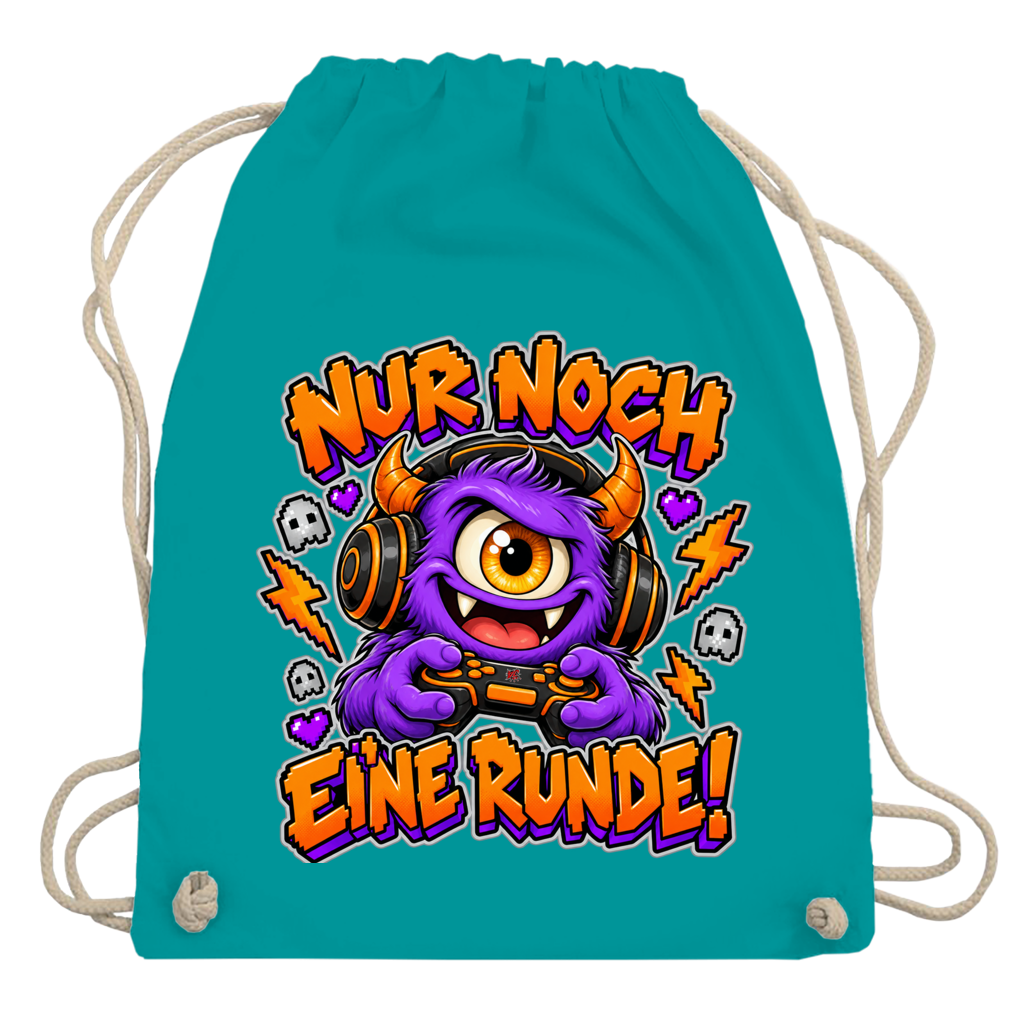 JA Monster Gamer – Turnbeutel in Smaragdgrün, Aufdruck: Gaming-Monster mit Controller: „Nur noch eine Runde!“