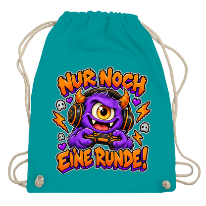 JA Monster Gamer – Turnbeutel in Smaragdgrün, Aufdruck: Gaming-Monster mit Controller: „Nur noch eine Runde!“