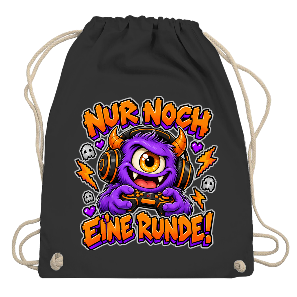 JA Monster Gamer – Turnbeutel in Schwarz, Aufdruck: Gaming-Monster mit Controller: „Nur noch eine Runde!“