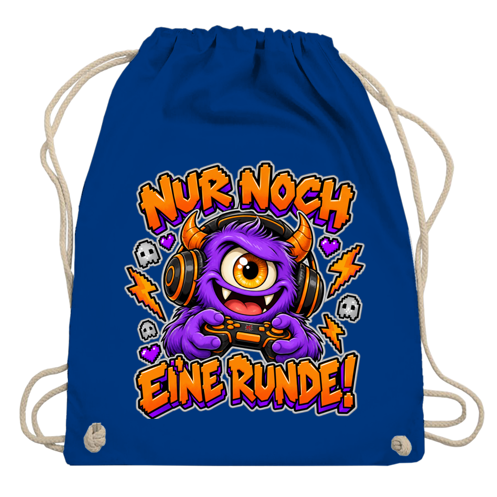 JA Monster Gamer – Turnbeutel in Königsblau, Aufdruck: Gaming-Monster mit Controller: „Nur noch eine Runde!“