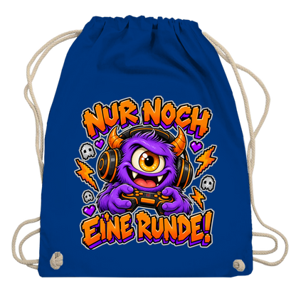 JA Monster Gamer – Turnbeutel in Königsblau, Aufdruck: Gaming-Monster mit Controller: „Nur noch eine Runde!“