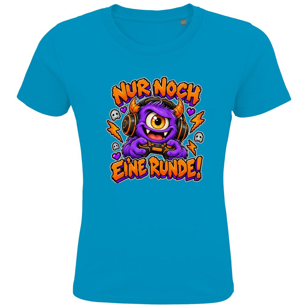 JA Monster Gamer – Kinder-T-Shirt in Aqua, Vorderansicht, Frontdruck: Gaming-Monster mit Controller: „Nur noch eine Runde!“