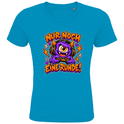JA Monster Gamer – Kinder-T-Shirt in Aqua, Vorderansicht, Frontdruck: Gaming-Monster mit Controller: „Nur noch eine Runde!“