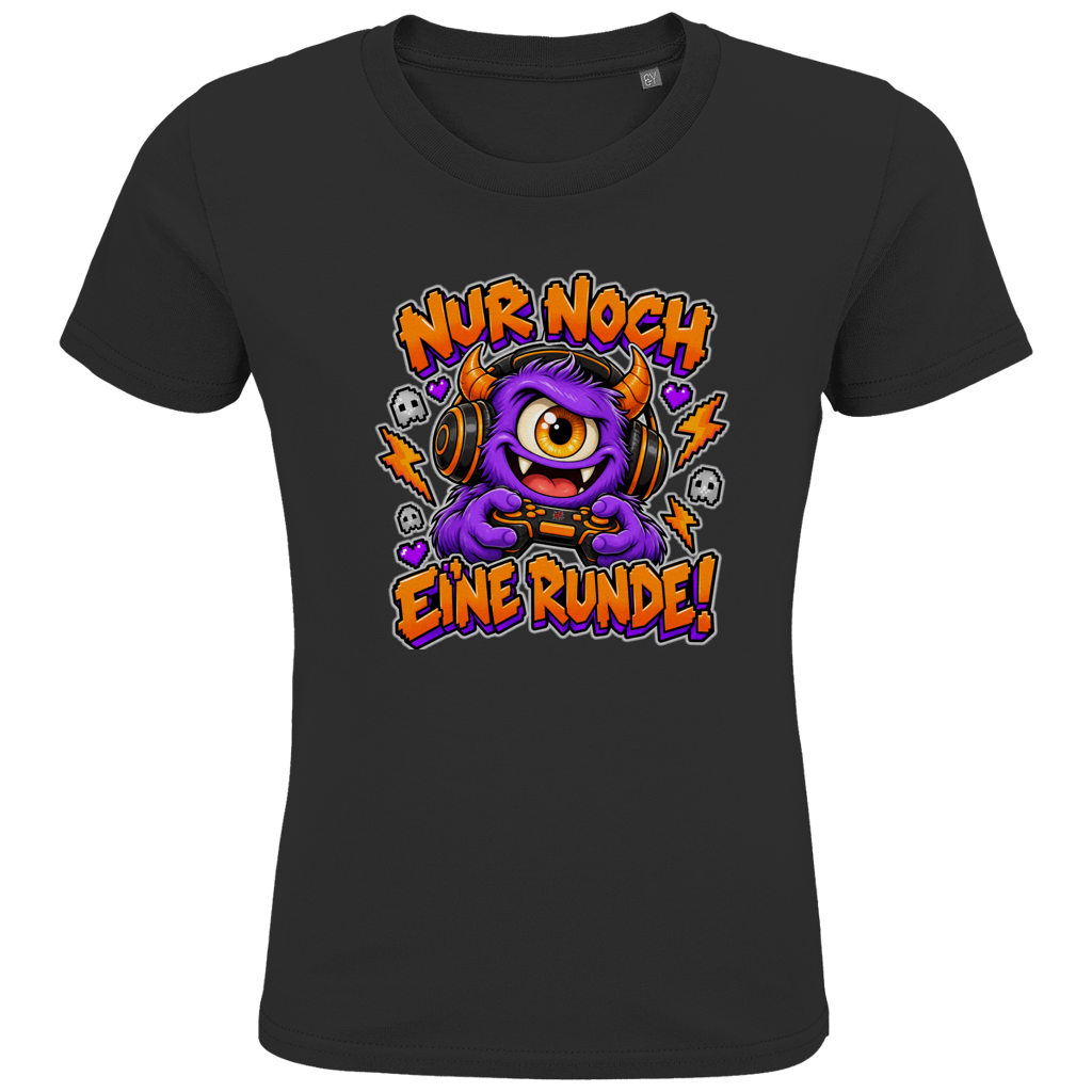 JA Monster Gamer – Kinder-T-Shirt in Schwarz, Vorderansicht, Frontdruck: Gaming-Monster mit Controller: „Nur noch eine Runde!“