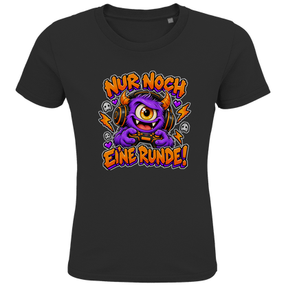 JA Monster Gamer – Kinder-T-Shirt in Schwarz, Vorderansicht, Frontdruck: Gaming-Monster mit Controller: „Nur noch eine Runde!“
