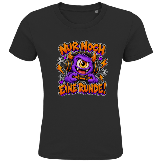 JA Monster Gamer – Kinder-T-Shirt in Schwarz, Vorderansicht, Frontdruck: Gaming-Monster mit Controller: „Nur noch eine Runde!“
