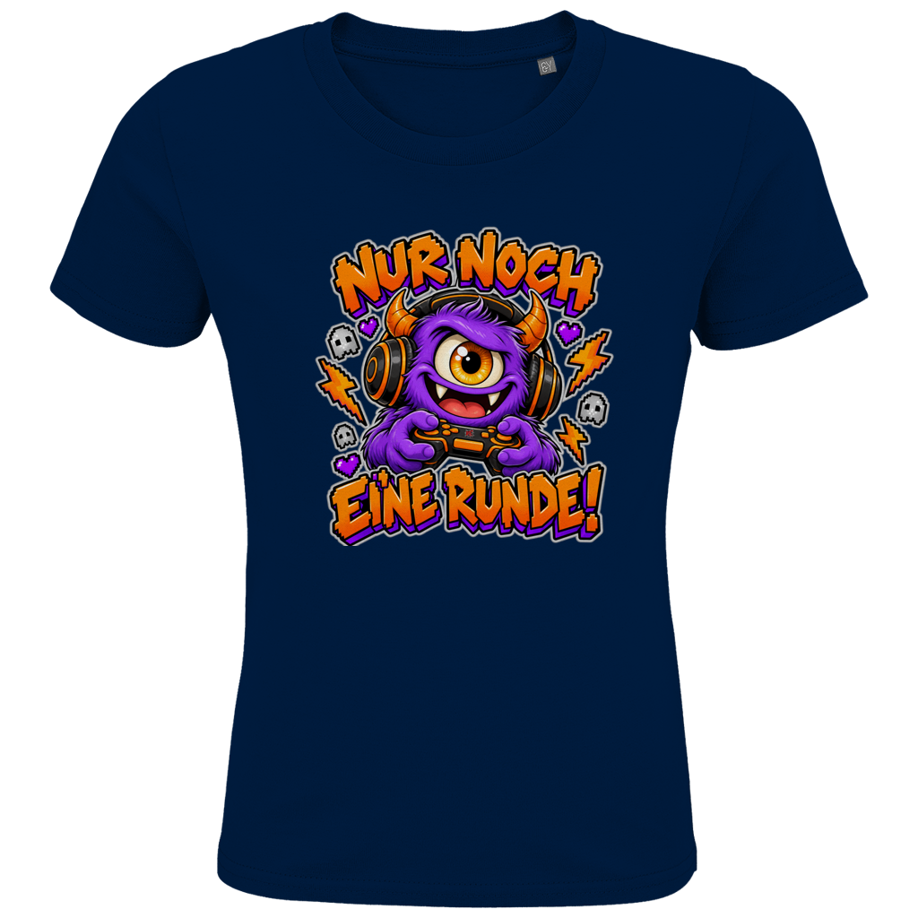JA Monster Gamer – Kinder-T-Shirt in Marineblau, Vorderansicht, Frontdruck: Gaming-Monster mit Controller: „Nur noch eine Runde!“