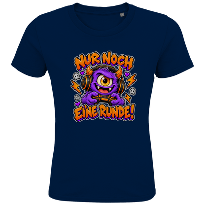 JA Monster Gamer – Kinder-T-Shirt in Marineblau, Vorderansicht, Frontdruck: Gaming-Monster mit Controller: „Nur noch eine Runde!“