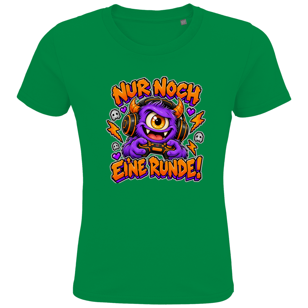 JA Monster Gamer – Kinder-T-Shirt in Kellygrün, Vorderansicht, Frontdruck: Gaming-Monster mit Controller: „Nur noch eine Runde!“