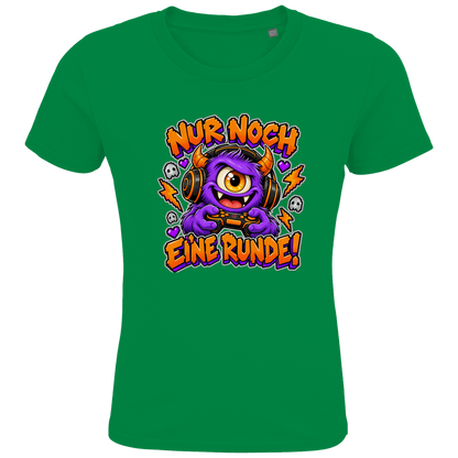 JA Monster Gamer – Kinder-T-Shirt in Kellygrün, Vorderansicht, Frontdruck: Gaming-Monster mit Controller: „Nur noch eine Runde!“