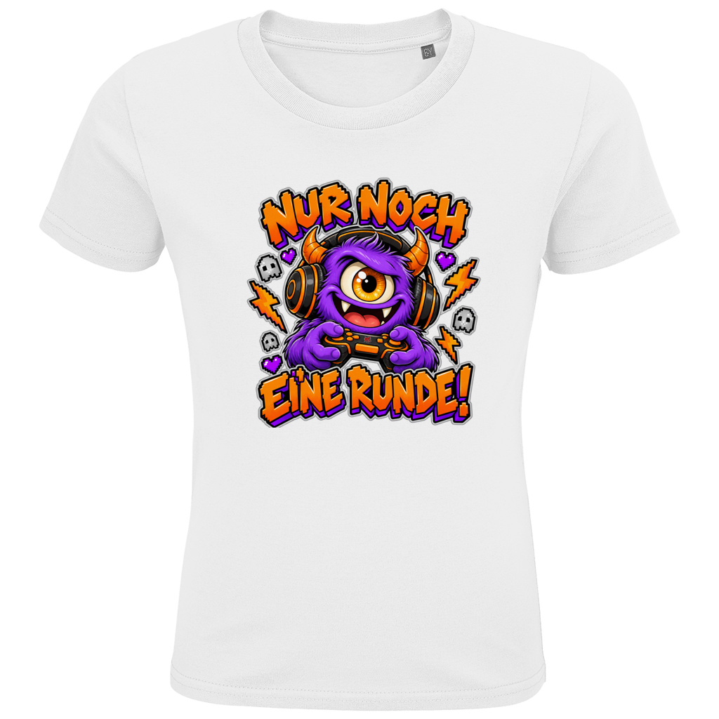 JA Monster Gamer – Kinder-T-Shirt in Weiß, Vorderansicht, Frontdruck: Gaming-Monster mit Controller: „Nur noch eine Runde!“