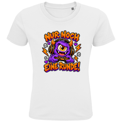 JA Monster Gamer – Kinder-T-Shirt in Weiß, Vorderansicht, Frontdruck: Gaming-Monster mit Controller: „Nur noch eine Runde!“