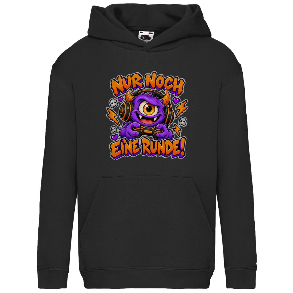 JA Monster Gamer – Kinder-Hoodie in Schwarz, Vorderansicht, Frontdruck: Gaming-Monster mit Controller: „Nur noch eine Runde!“