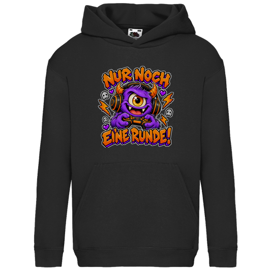 JA Monster Gamer – Kinder-Hoodie in Schwarz, Vorderansicht, Frontdruck: Gaming-Monster mit Controller: „Nur noch eine Runde!“