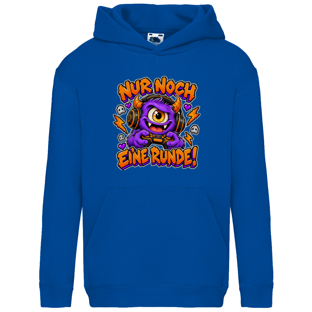 JA Monster Gamer – Kinder-Hoodie in Royalblau, Vorderansicht, Frontdruck: Gaming-Monster mit Controller: „Nur noch eine Runde!“