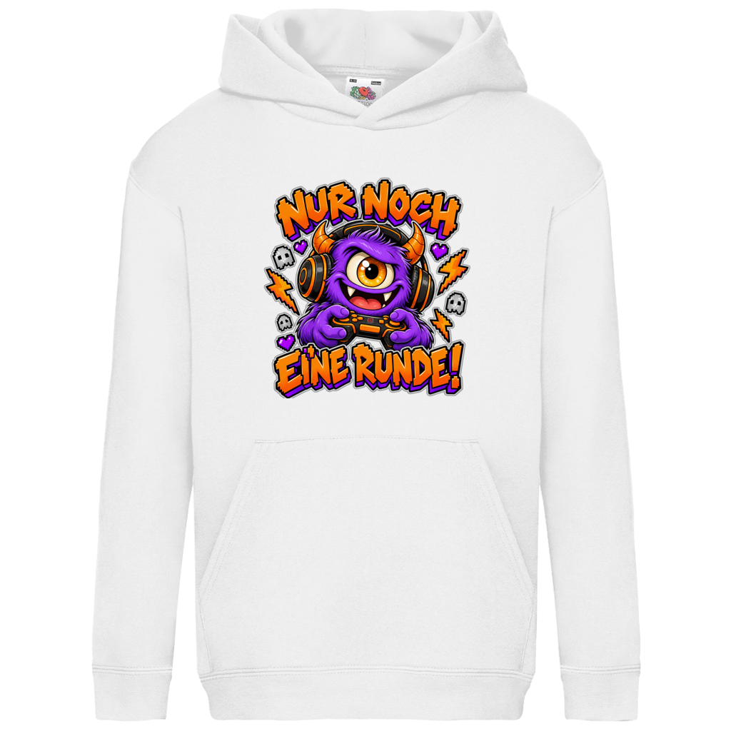 JA Monster Gamer – Kinder-Hoodie in Weiß, Vorderansicht, Frontdruck: Gaming-Monster mit Controller: „Nur noch eine Runde!“