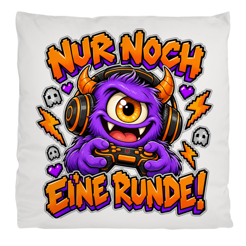 JA Monster Gamer – Flauschkissen in Cremeweiß, Aufdruck: Gaming-Monster mit Controller: „Nur noch eine Runde!“