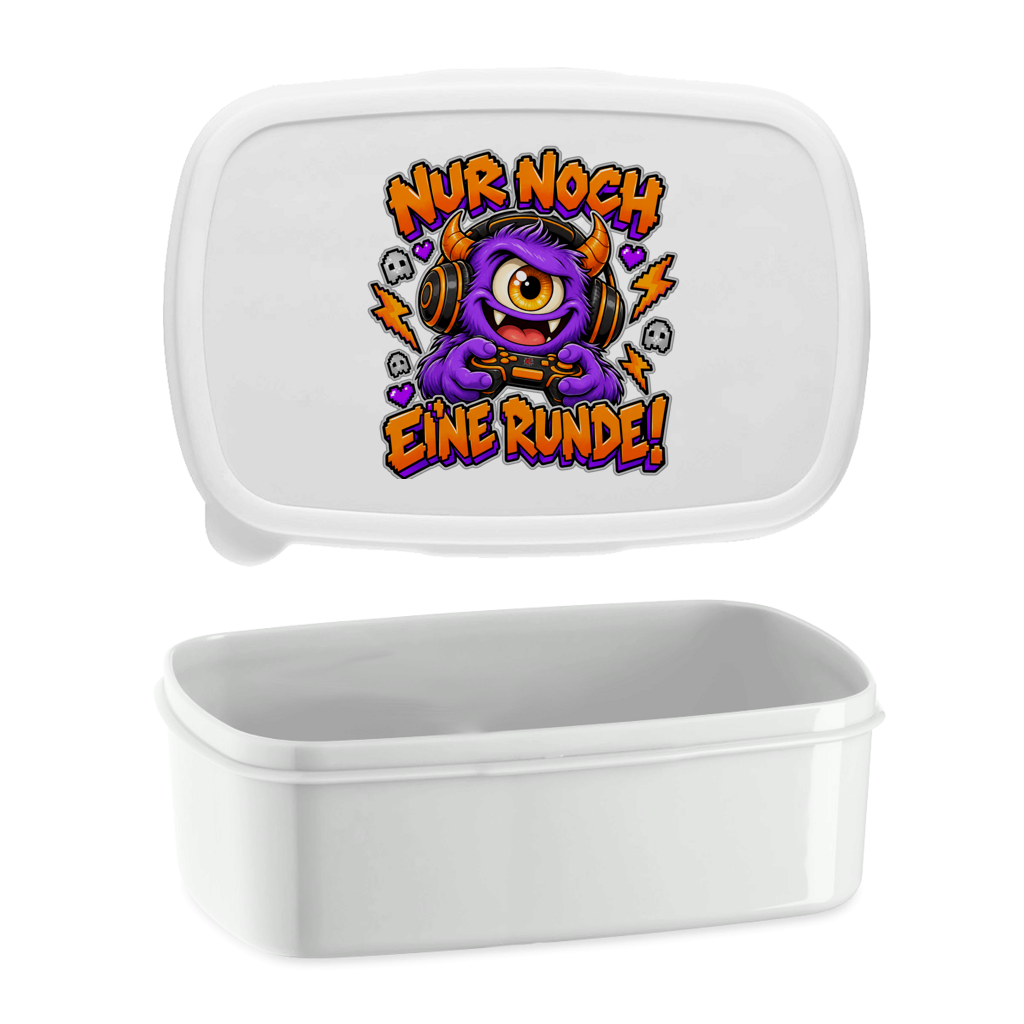 JA Monster Gamer – Lunchbox in Weiß, Aufdruck: Gaming-Monster mit Controller: „Nur noch eine Runde!“