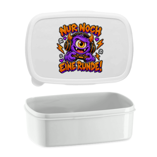 JA Monster Gamer – Lunchbox in Weiß, Aufdruck: Gaming-Monster mit Controller: „Nur noch eine Runde!“
