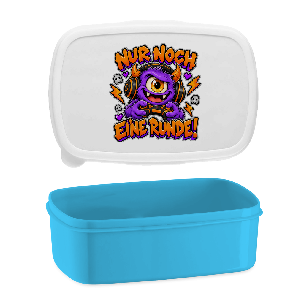 JA Monster Gamer – Lunchbox in Blau, Aufdruck: Gaming-Monster mit Controller: „Nur noch eine Runde!“