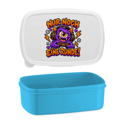 JA Monster Gamer – Lunchbox in Blau, Aufdruck: Gaming-Monster mit Controller: „Nur noch eine Runde!“