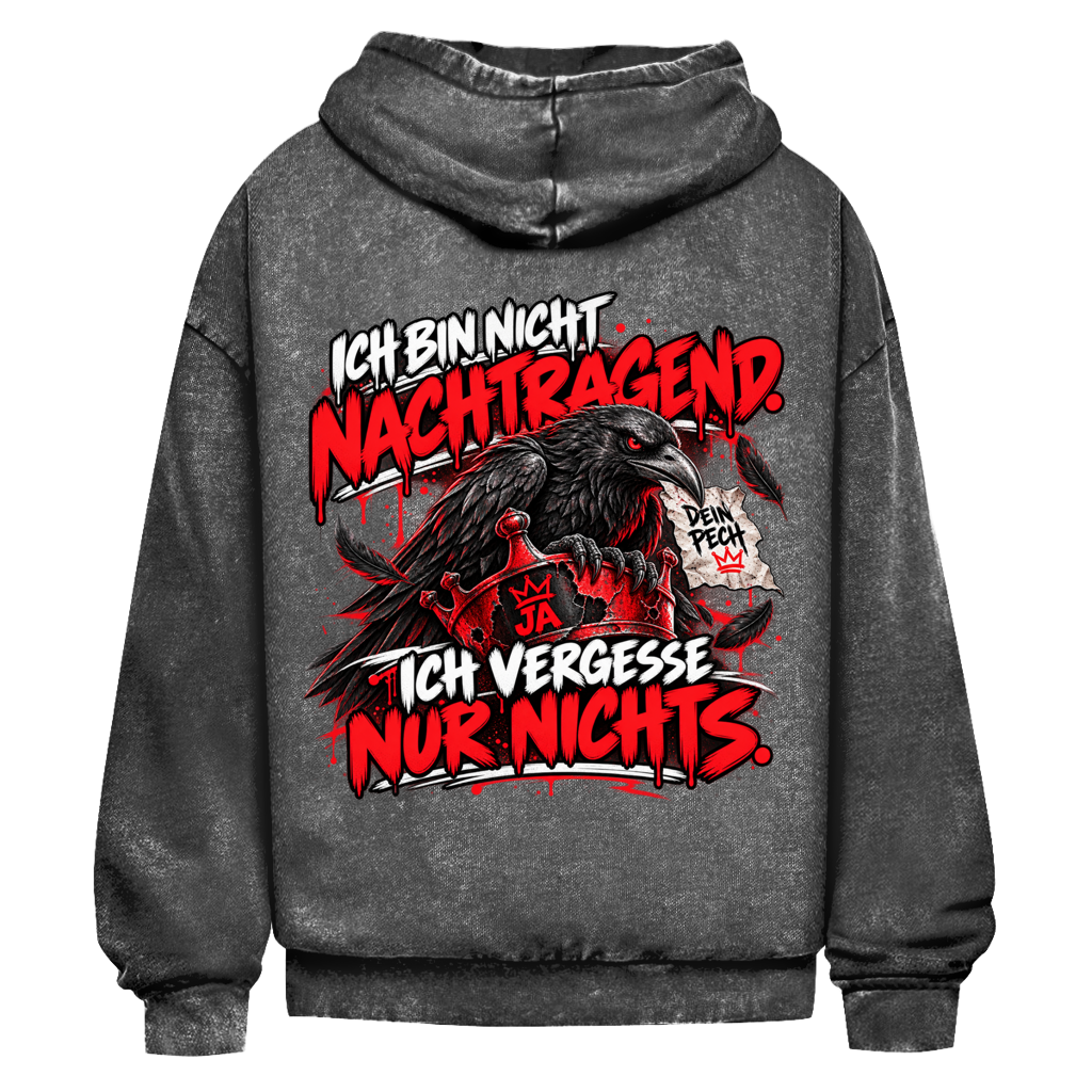 JA Ich vergesse nichts – Oversize-Washed-Hoodie in Schwarz, Rückansicht, Rückendruck: Rabe auf roter Krone: „Ich bin nicht nachtragend. Ich vergesse nur nichts.“