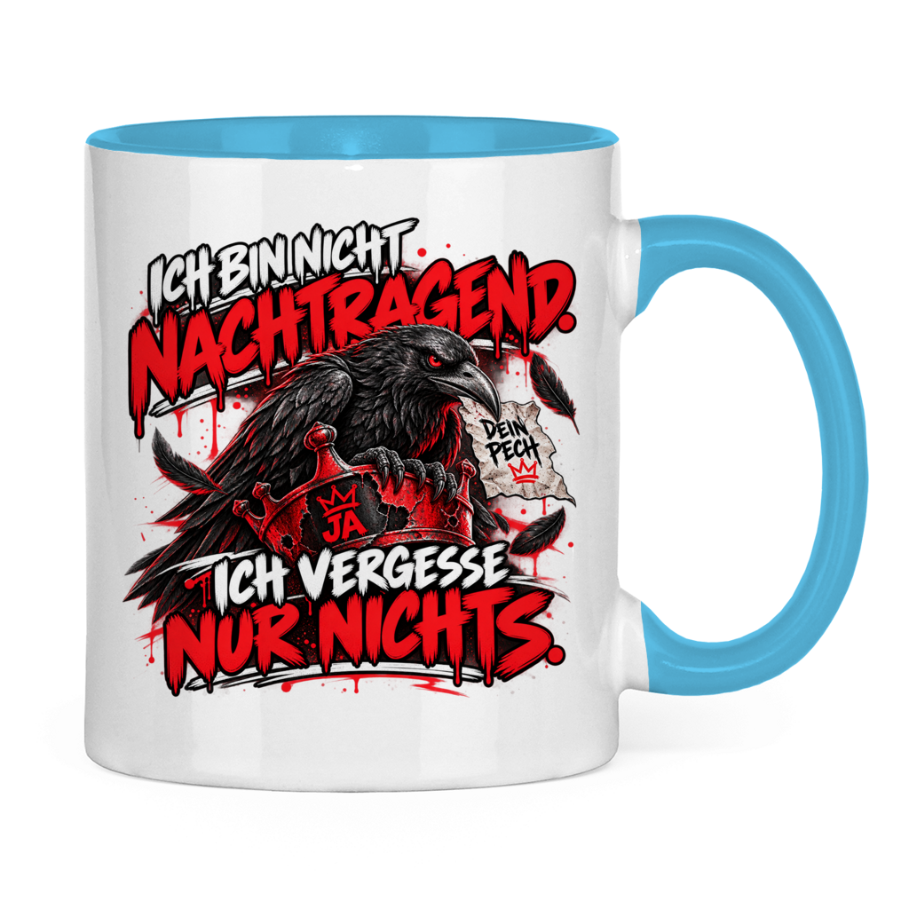 JA Ich vergesse nichts – Tasse in Hellblau, Rückansicht, ebenfalls bedruckt