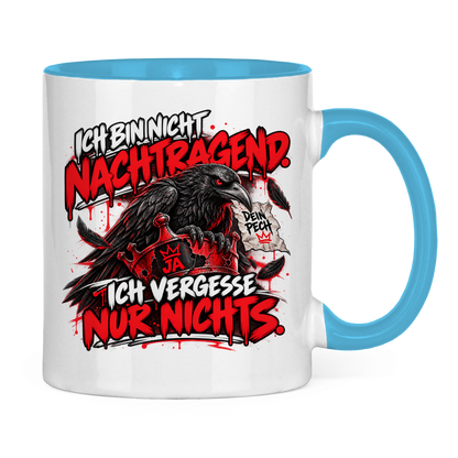 JA Ich vergesse nichts – Tasse in Hellblau, Rückansicht, ebenfalls bedruckt