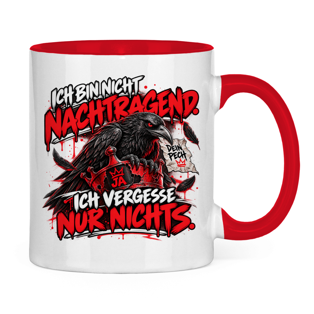 JA Ich vergesse nichts – Tasse in Rot, Rückansicht, ebenfalls bedruckt