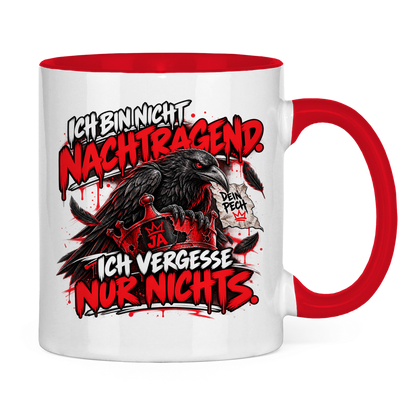JA Ich vergesse nichts – Tasse in Rot, Rückansicht, ebenfalls bedruckt