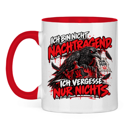 JA Ich vergesse nichts – Tasse in Rot, Vorderansicht, Aufdruck: Rabe auf roter Krone: „Ich bin nicht nachtragend. Ich vergesse nur nichts.“